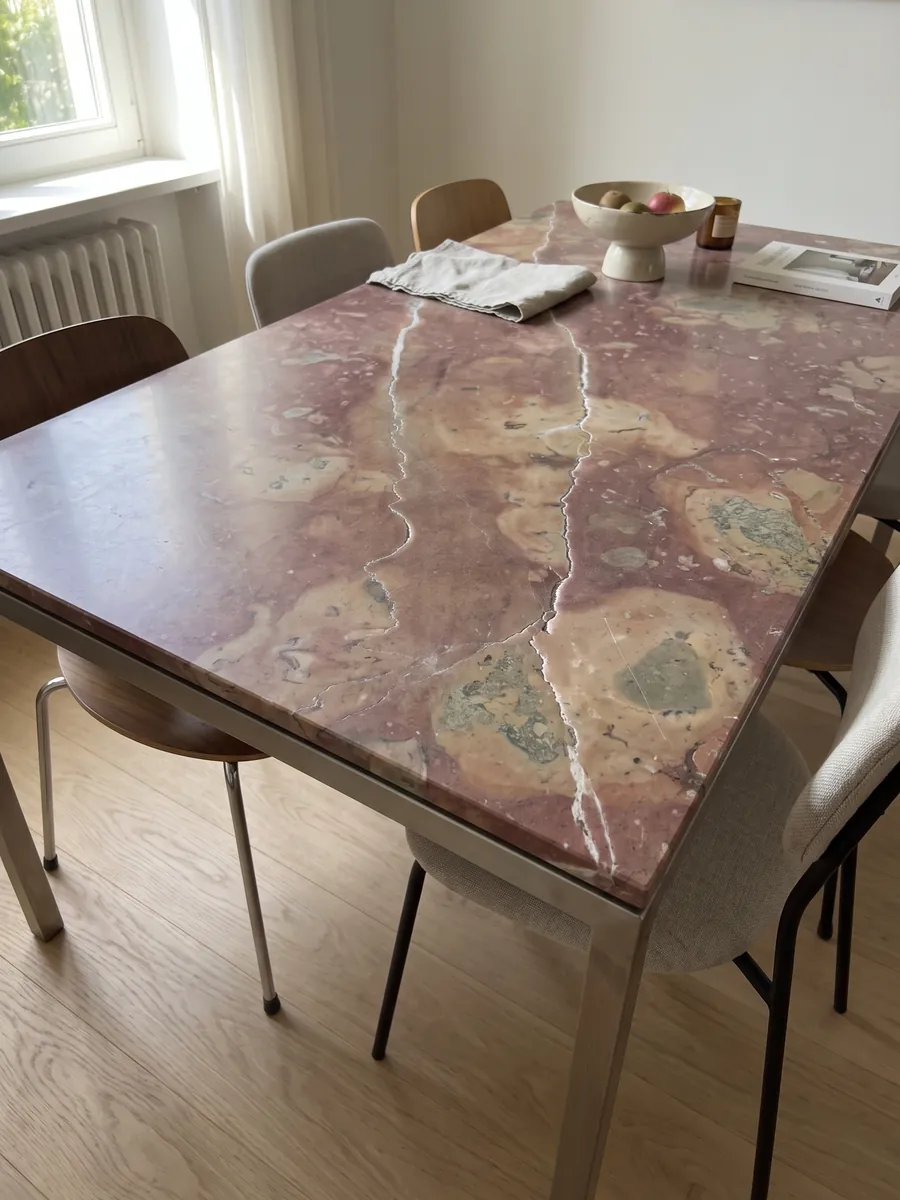 Mesa de jantar com tampo de mármore vermelho Rosso Verona sobre base de aço: vermelho arroxeado com manchas bege e dois veios brancos verticais irregulares
