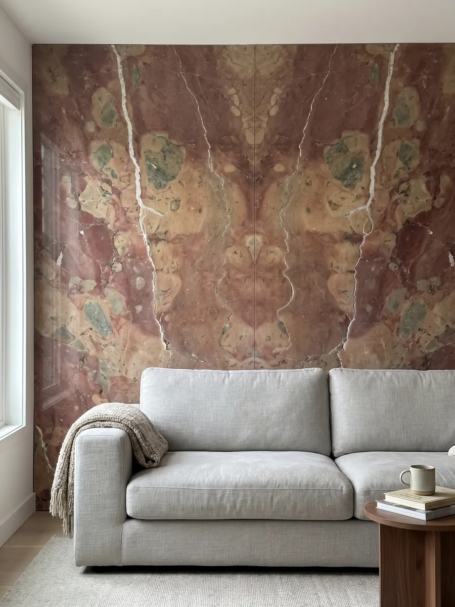 Parede de sala revestida com chapas de mármore vermelho Rosso Verona em bookmatch (veios espelhados) atrás de um sofá: vermelho arroxeado com manchas bege e dois veios brancos verticais irregulares