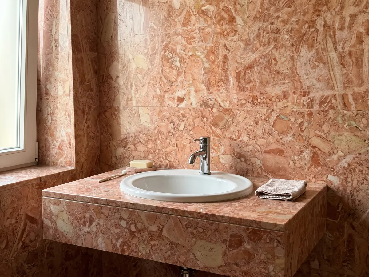 Bathroom vanity top and wall in pink Breccia Bohemien marble with a white sink and chrome fixtures: a dense mix of coral and light beige fragments in salmon tones