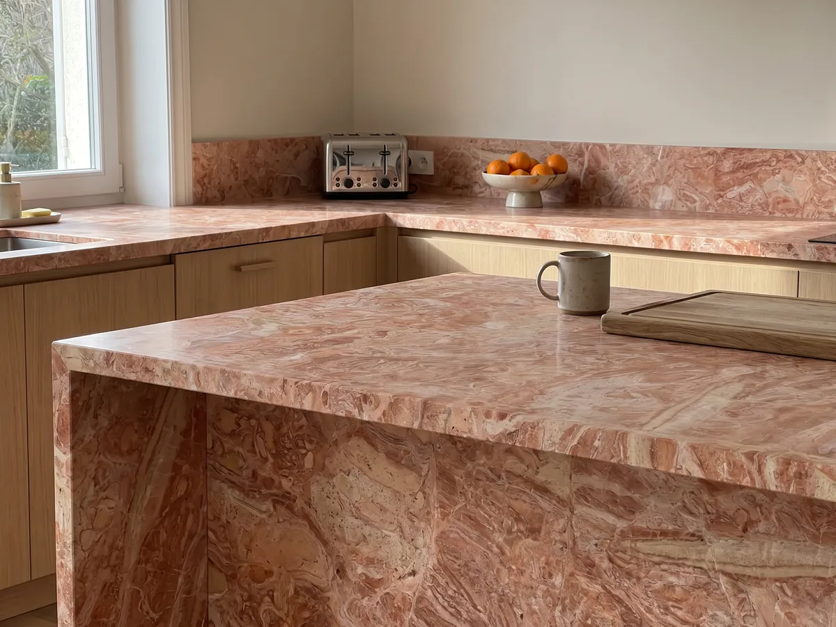 Kitchen island with a pink Breccia Bohemien marble countertop and a straight edge in a naturally lit kitchen: a dense mix of coral and light beige fragments in salmon tones