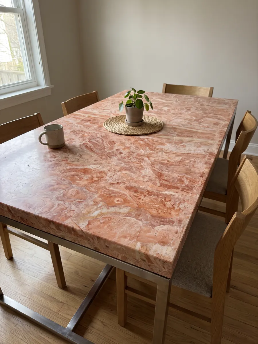 Dining table with a pink Breccia Bohemien marble top on a steel base: a dense mix of coral and light beige fragments in salmon tones