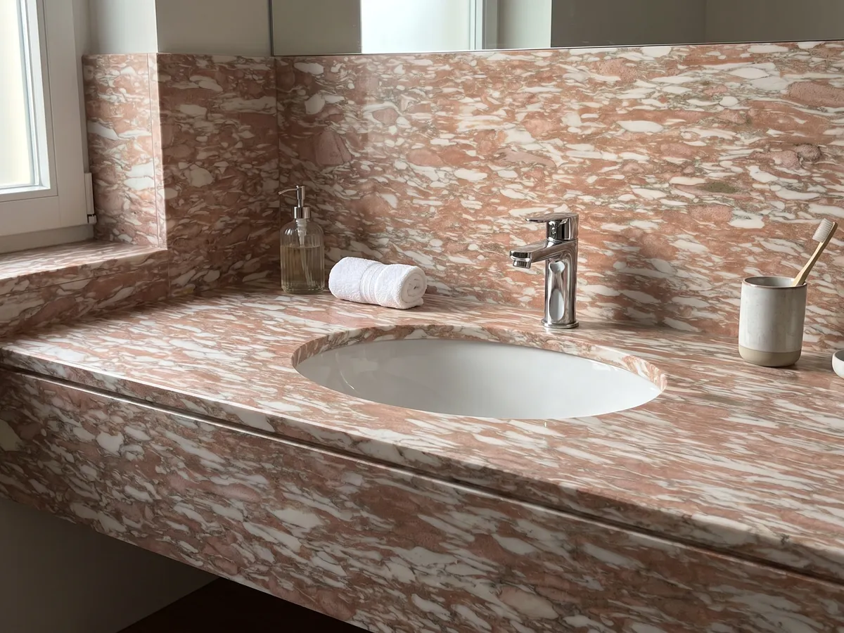Vanity top and bathroom wall in Rosa Norvegia marble with a white sink and chrome fixtures: salmon pink with long horizontal white strokes, like brushstrokes