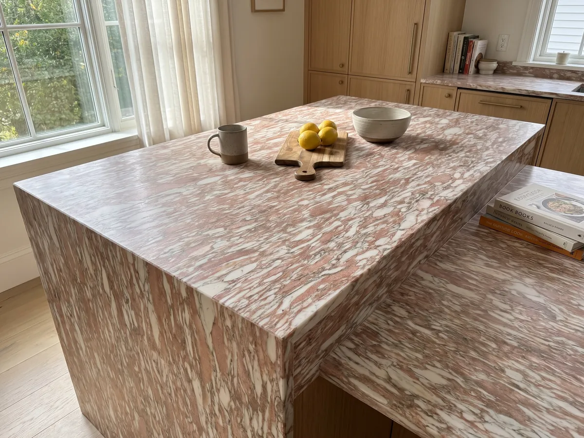 Kitchen island with a Rosa Norvegia marble countertop and a straight edge in a kitchen with natural light: salmon pink with long horizontal white strokes, like brushstrokes