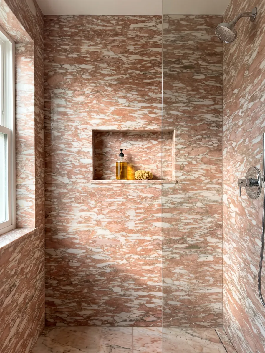 Shower clad in whole Rosa Norvegia marble slabs with a recessed niche: salmon pink with long horizontal white strokes, like brushstrokes