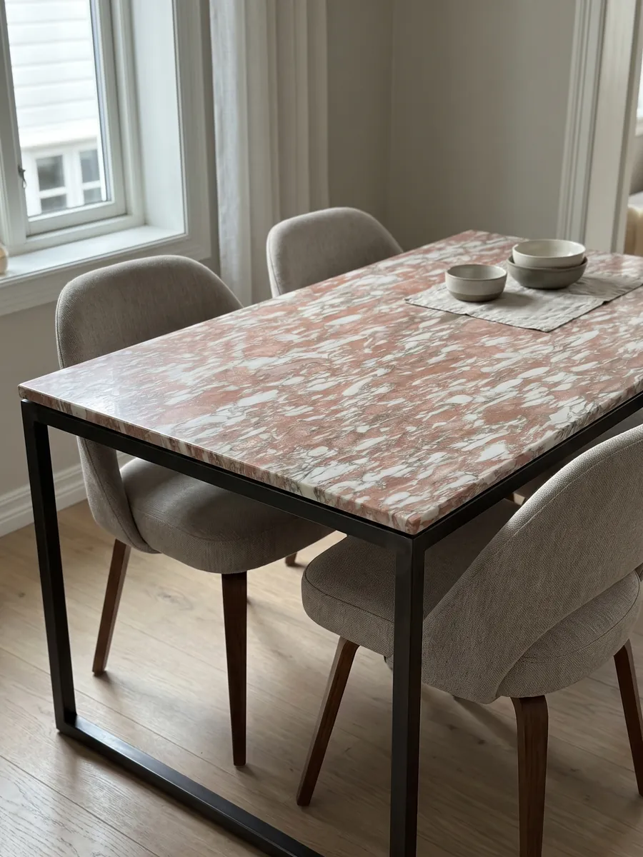 Dining table with a Rosa Norvegia marble top on a steel base: salmon pink with long horizontal white strokes, like brushstrokes