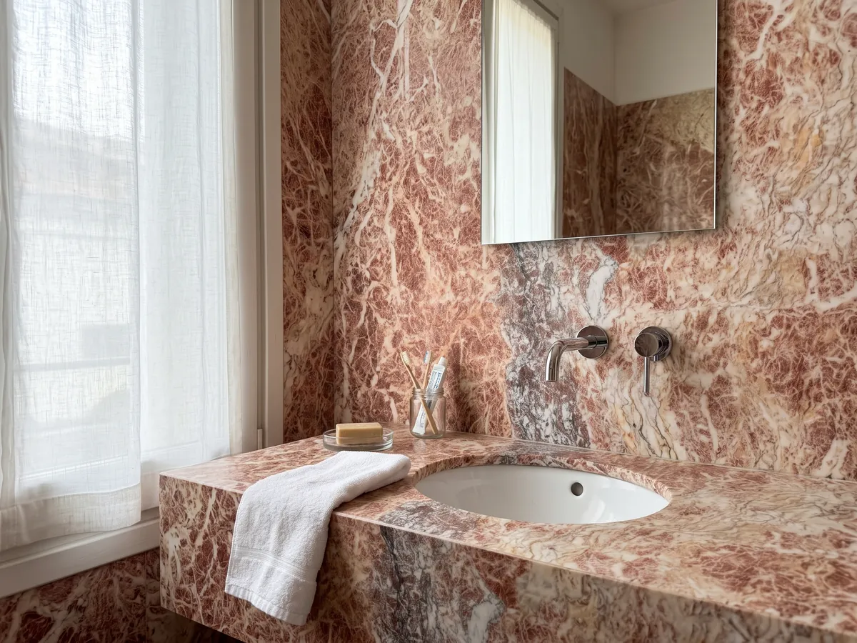 Vanity top and bathroom wall in Rosa Peralba marble with a white sink and chrome fixtures: reddish pink with a net of white veins and a vertical grayish-purple band