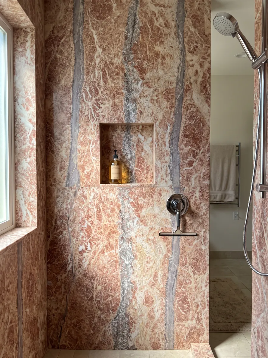 Shower clad in whole Rosa Peralba marble slabs with a recessed niche: reddish pink with a net of white veins and a vertical grayish-purple band