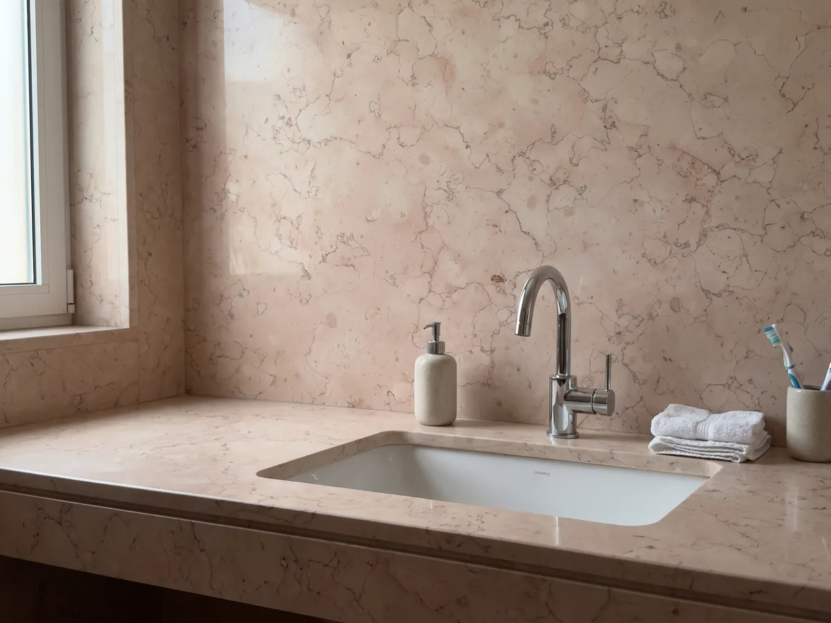 Vanity top and bathroom wall in Rosa Perlino marble with a white sink and chrome faucets: light pinkish beige with fine wavy lines in a soft web