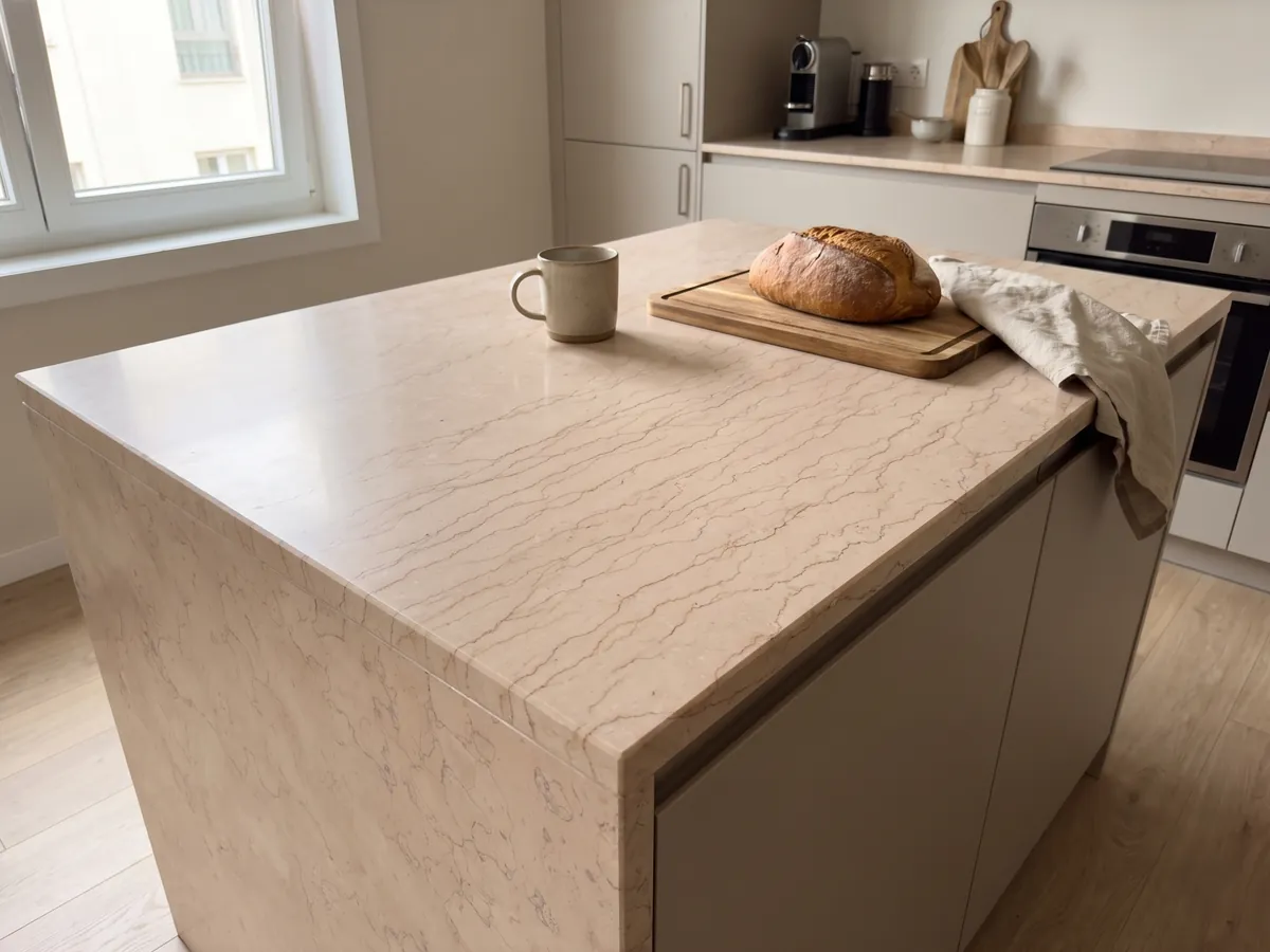 Kitchen island with a Rosa Perlino marble countertop and a straight edge in a kitchen with natural light: light pinkish beige with fine wavy lines in a soft net