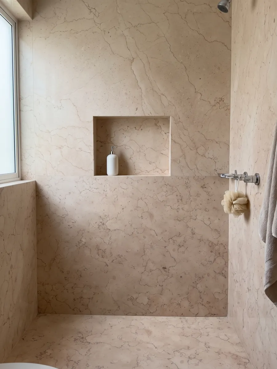 Shower clad in full Rosa Perlino marble slabs with a recessed niche: light pinkish beige with fine wavy lines in a soft web