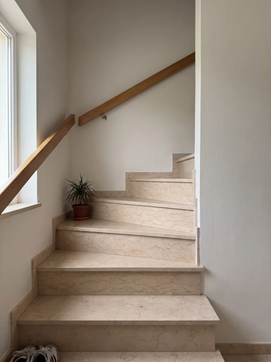 Interior staircase with Rosa Perlino marble treads and a handrail: light pinkish beige with fine wavy lines in a soft web