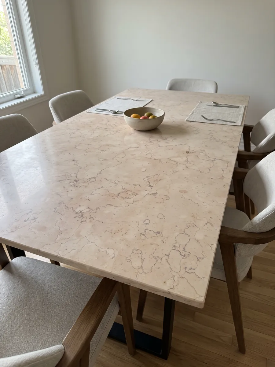 Dining table with a Rosa Perlino marble top on a steel base: light pinkish beige with fine wavy lines in a soft web