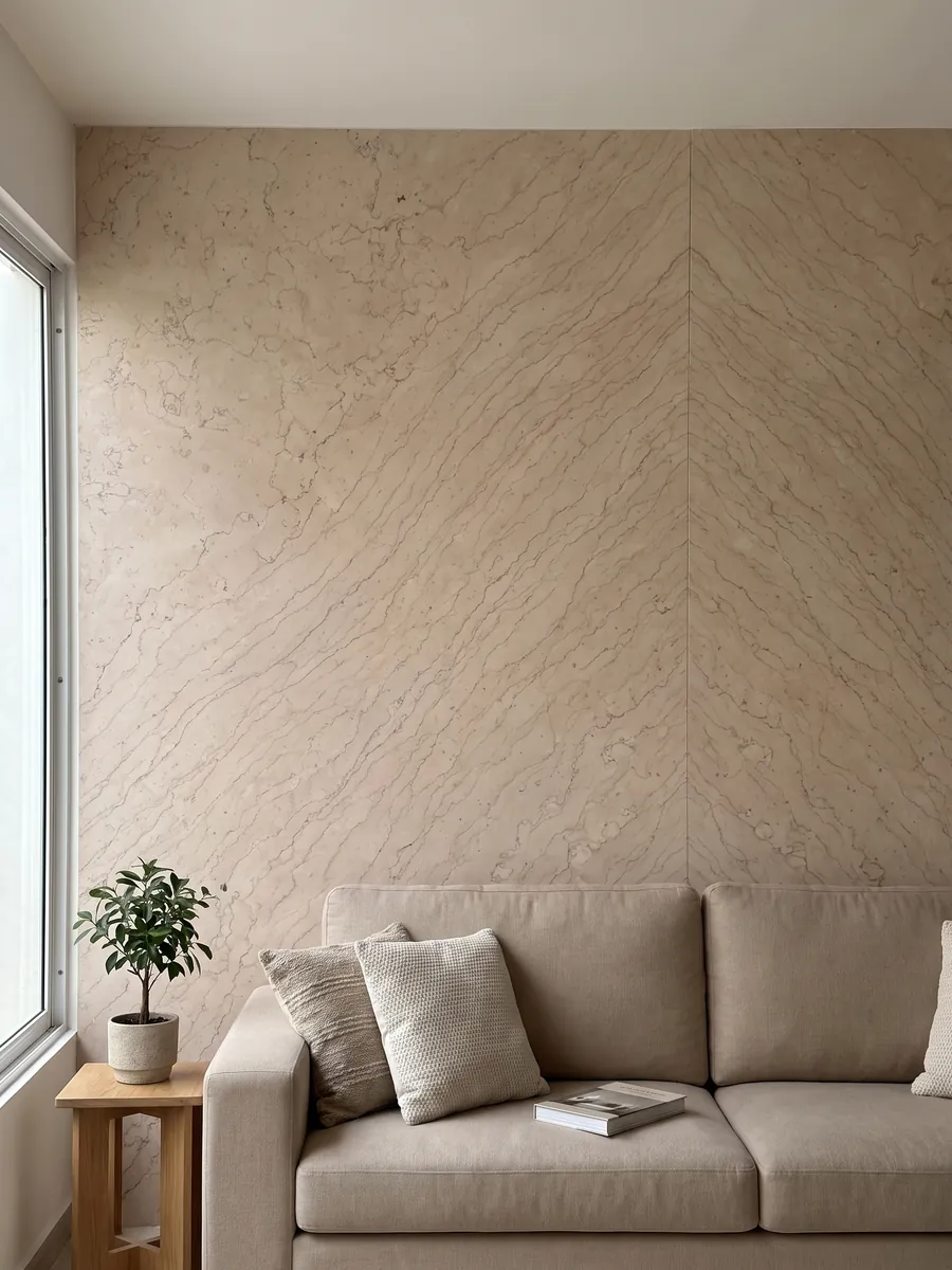 Living room wall clad in bookmatched Rosa Perlino marble slabs behind a sofa: light pinkish beige with fine wavy lines in a soft web