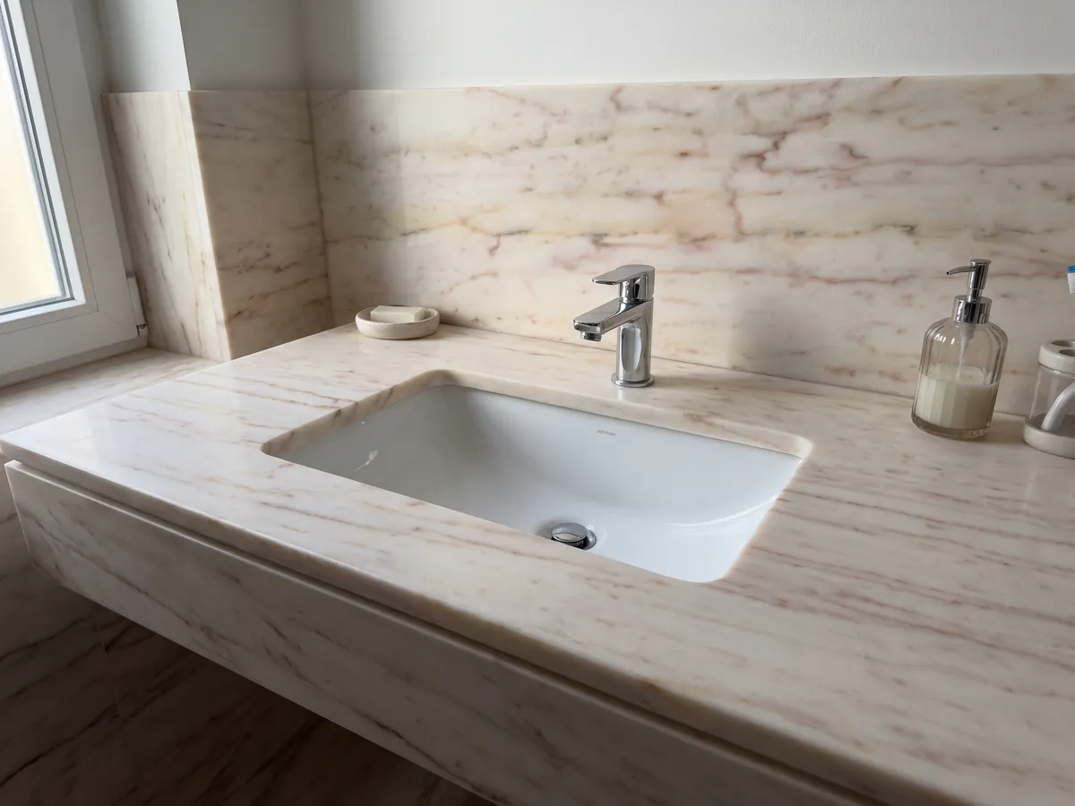 Vanity top and bathroom wall in Rosa Portogallo marble with a white sink and chrome faucets: pale pink, almost cream, with fine reddish pink horizontal veins