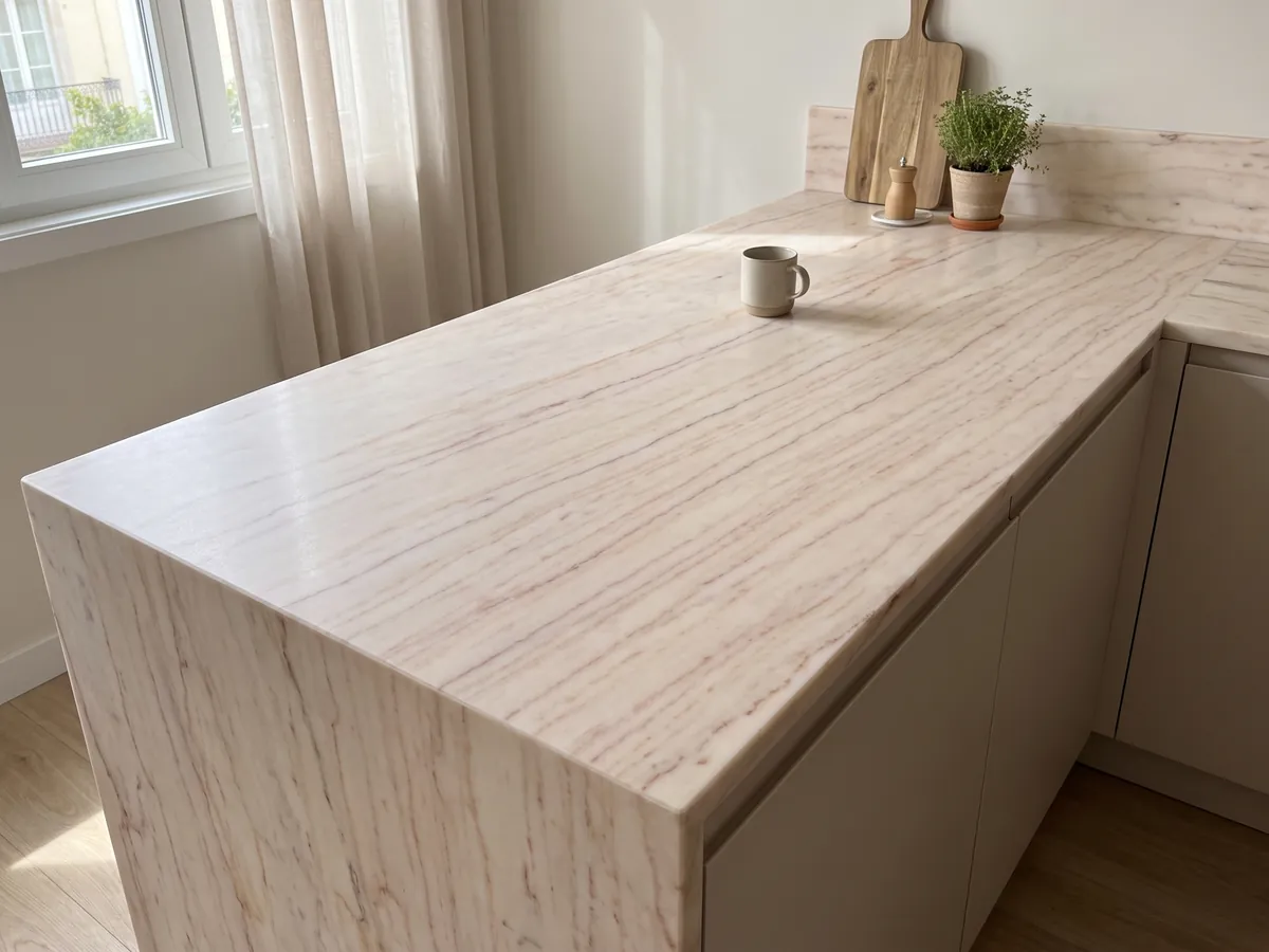 Kitchen island with a Rosa Portogallo marble countertop and a straight edge in a kitchen with natural light: pale pink, almost cream, with fine horizontal reddish-pink veins