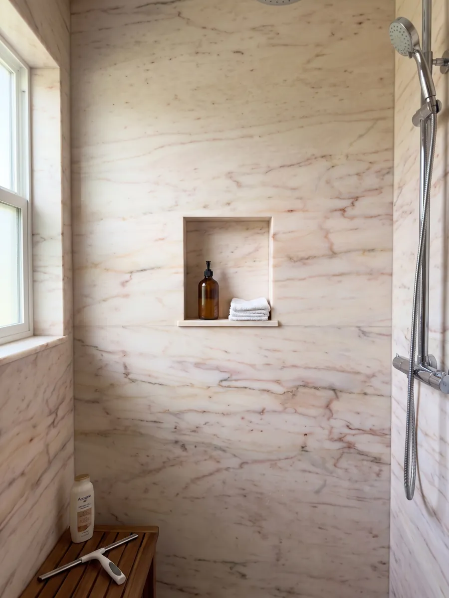 Shower clad in full Rosa Portogallo marble slabs with a recessed niche: pale pink, almost cream, with fine reddish pink horizontal veins