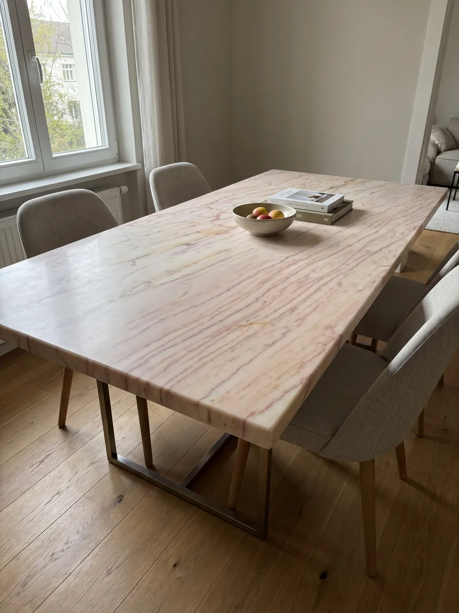 Dining table with a Rosa Portogallo marble top on a steel base: pale pink, almost cream, with fine reddish pink horizontal veins