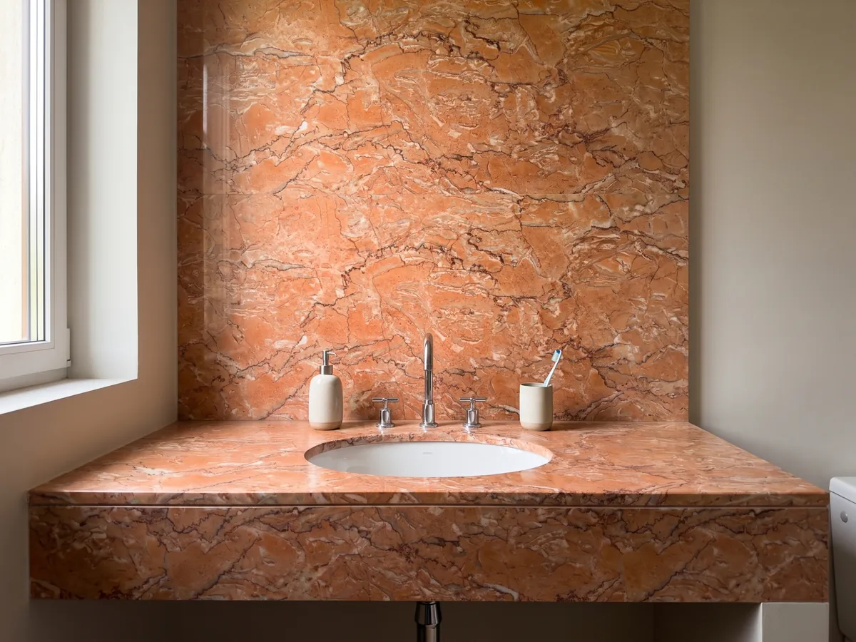 Vanity top and bathroom wall in Rosa Sabrina Marble with a white sink and chrome faucets: salmon orange with a dense network of fine white and reddish veins