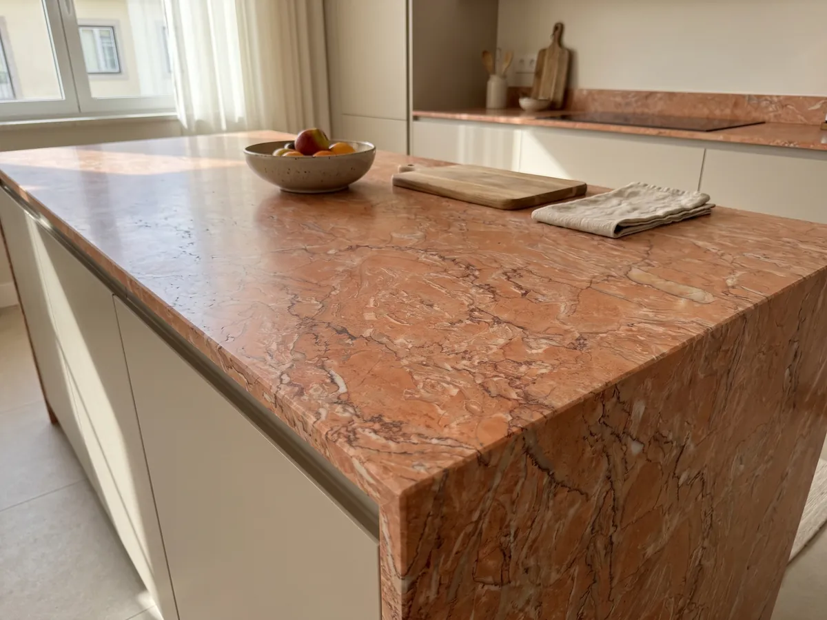 Kitchen island with a Rosa Sabrina marble countertop and a straight edge in a kitchen with natural light: salmon orange with a dense net of fine white and reddish veins