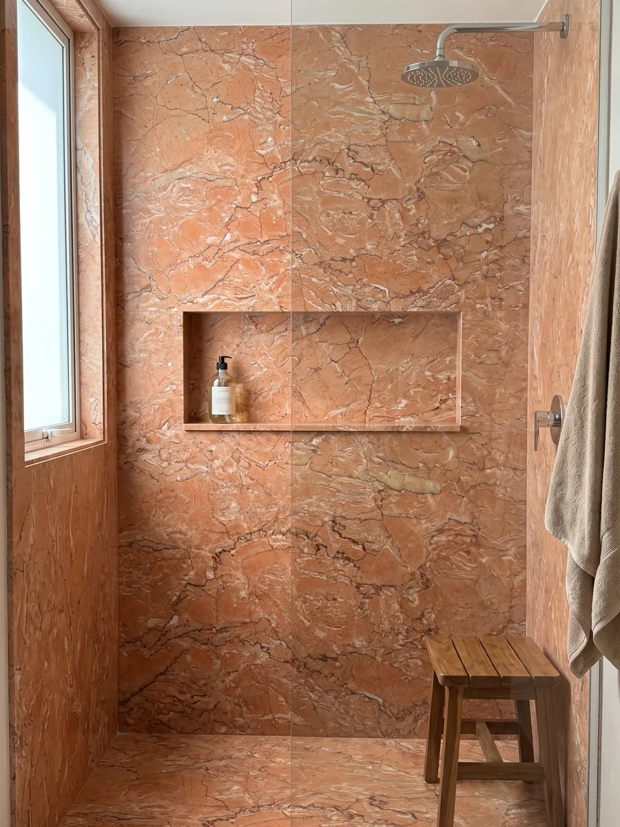 Shower clad in full slabs of Rosa Sabrina Marble with a recessed niche: salmon orange with a dense network of fine white and reddish veins