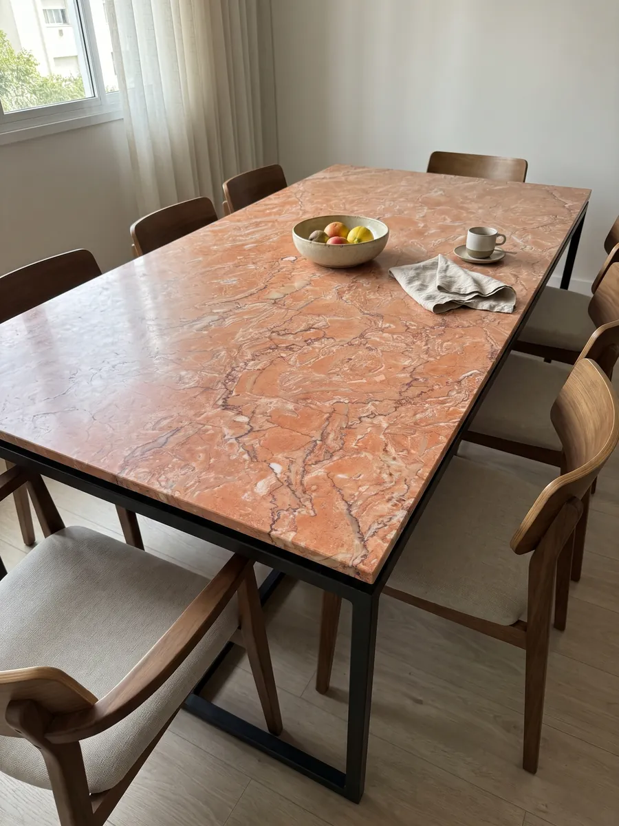 Dining table with a Rosa Sabrina Marble top on a steel base: salmon orange with a dense network of fine white and reddish veins