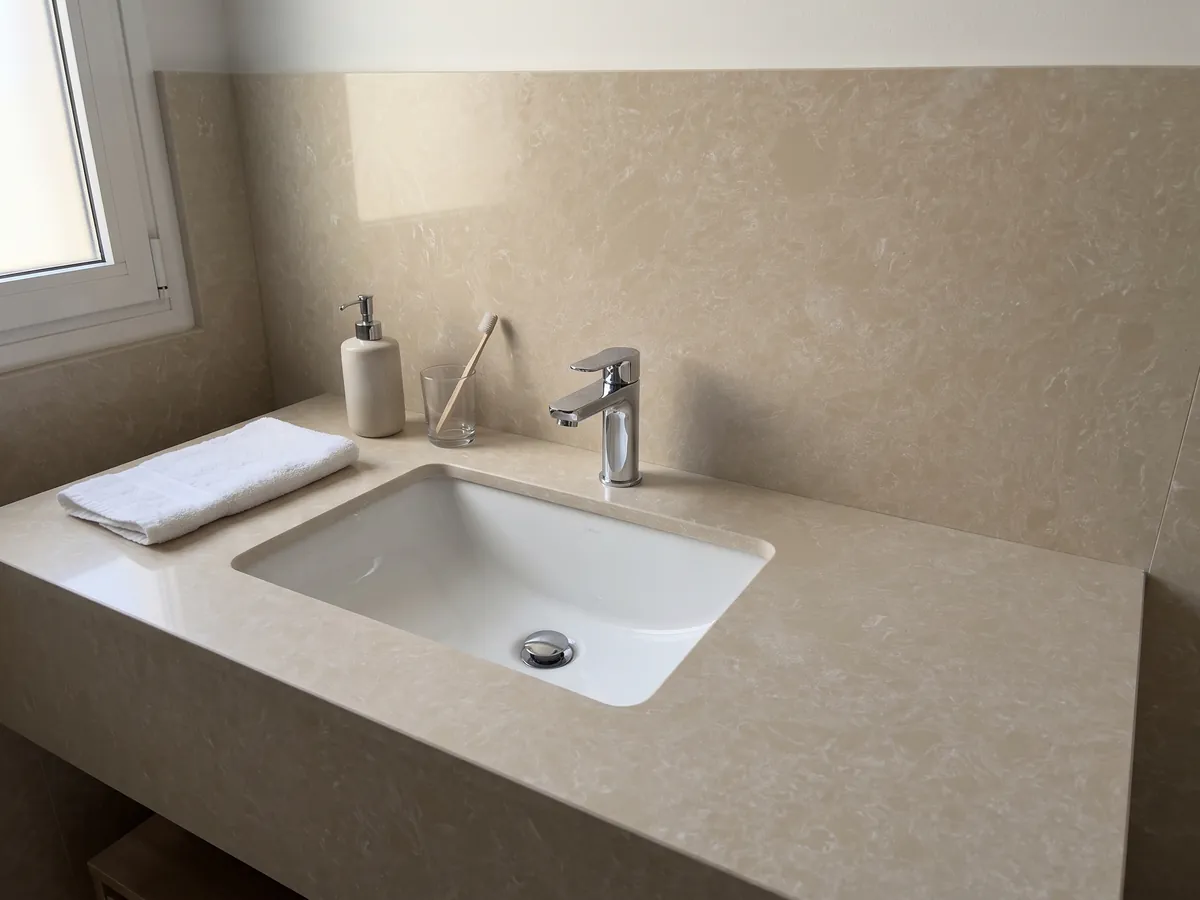 Vanity top and bathroom wall in Ecrù engineered marble with resin with a white sink and chrome fixtures: smooth, even cream surface with almost no pattern