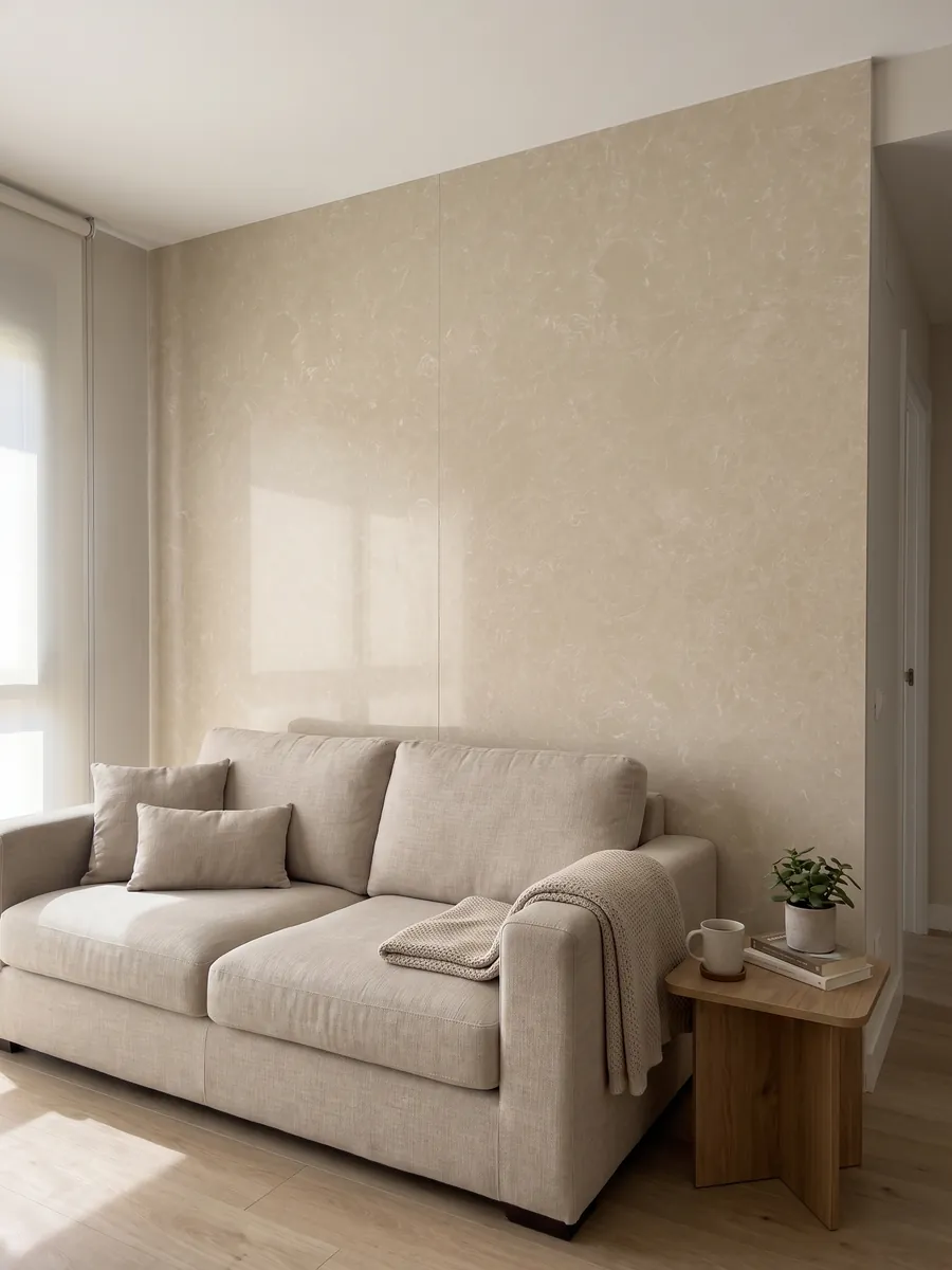 Living room wall clad with bookmatched slabs of Ecrù engineered marble with resin behind a sofa: smooth, even cream surface with almost no pattern
