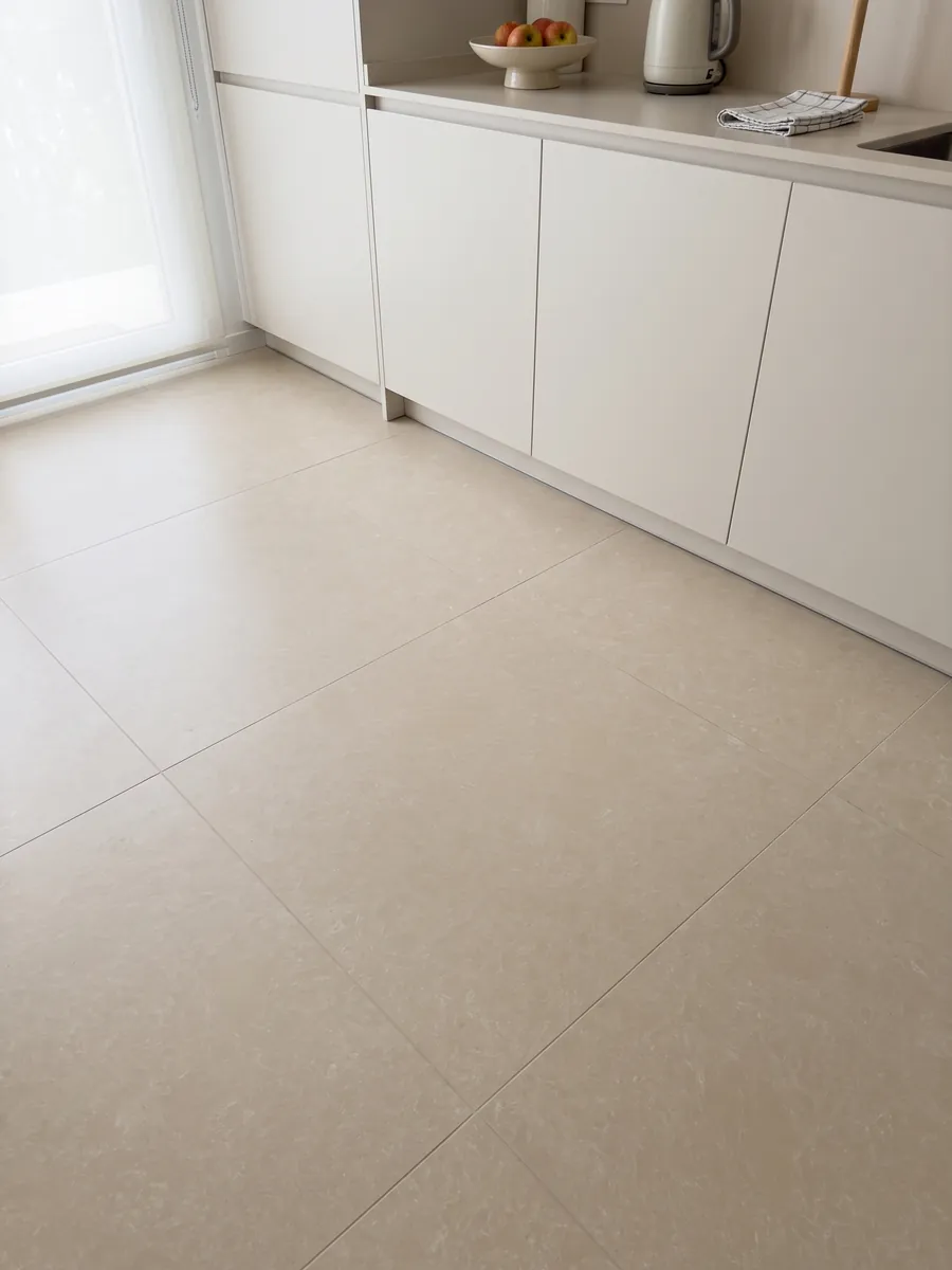 Kitchen floor in large slabs of Ecrù engineered marble with resin: smooth, even cream surface with almost no pattern