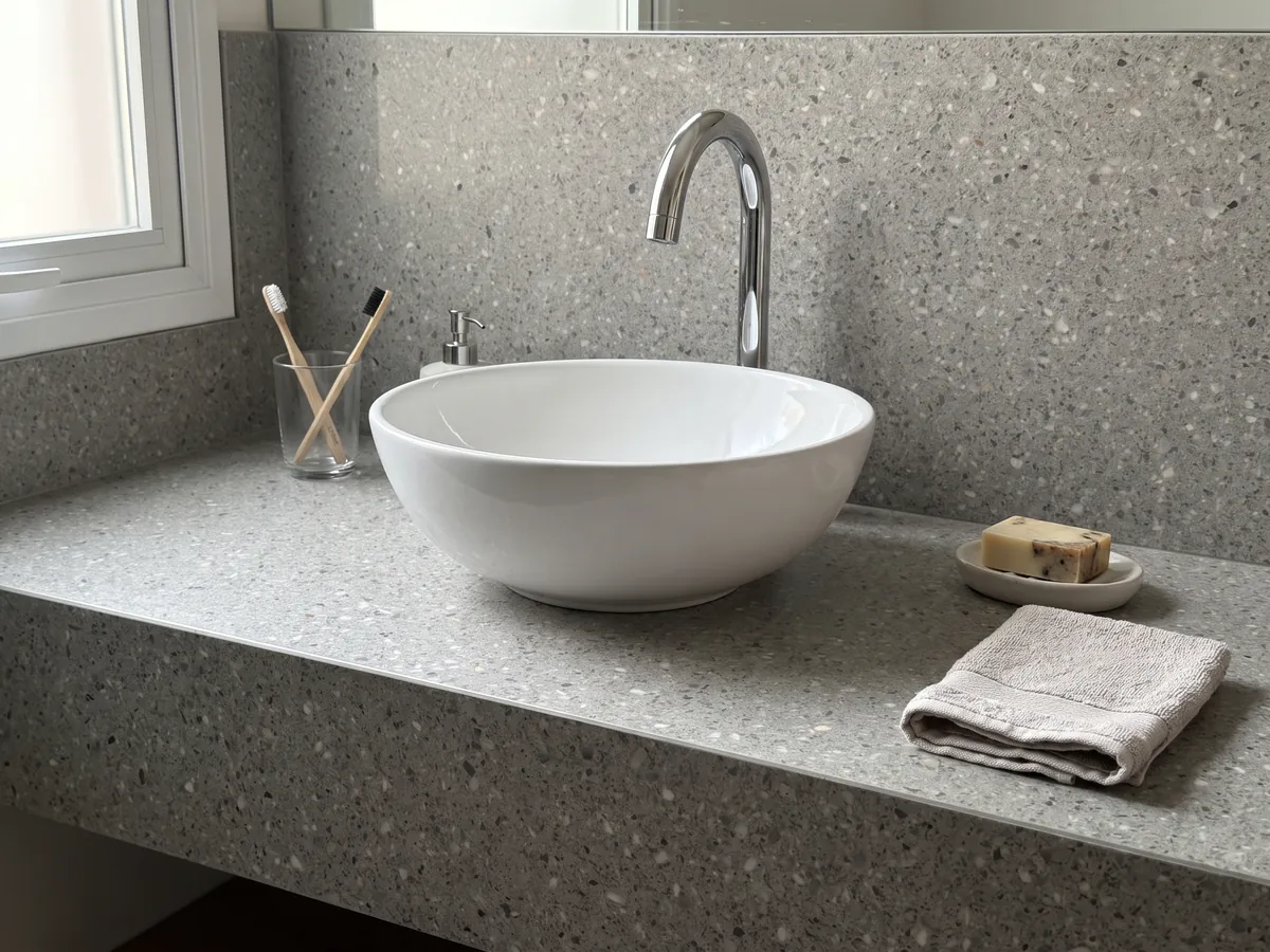 Vanity top and bathroom wall in Fior di Pesco Grey engineered marble with cement with a white sink and chrome fixtures: medium gray with small white and dark fragments, fine terrazzo style