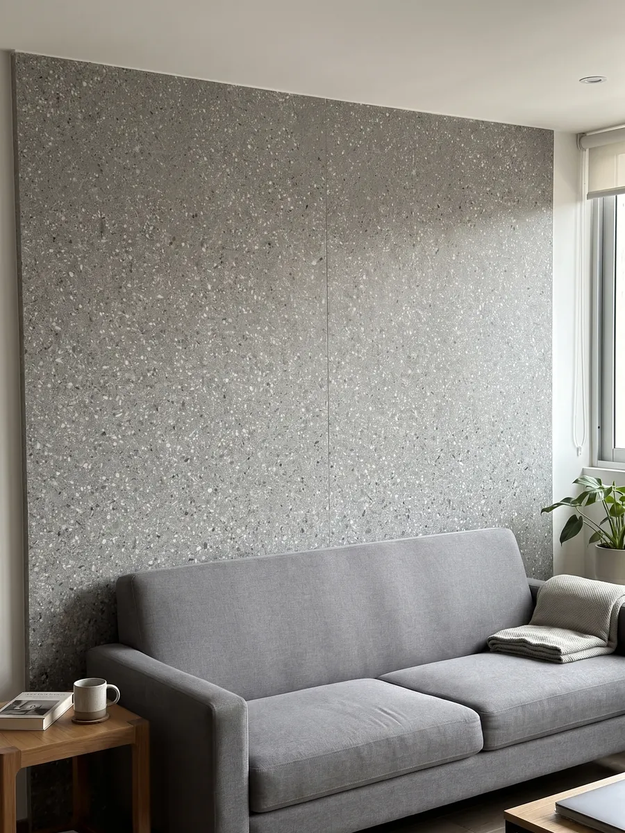 Living room wall clad with bookmatched slabs of Fior di Pesco Grey engineered marble with cement behind a sofa: medium gray with small white and dark fragments, fine terrazzo style