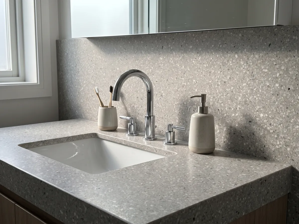 Vanity top and bathroom wall in Fior di Pesco Grey engineered marble with resin with a white sink and chrome fixtures: light gray dotted with many small white fragments, terrazzo style