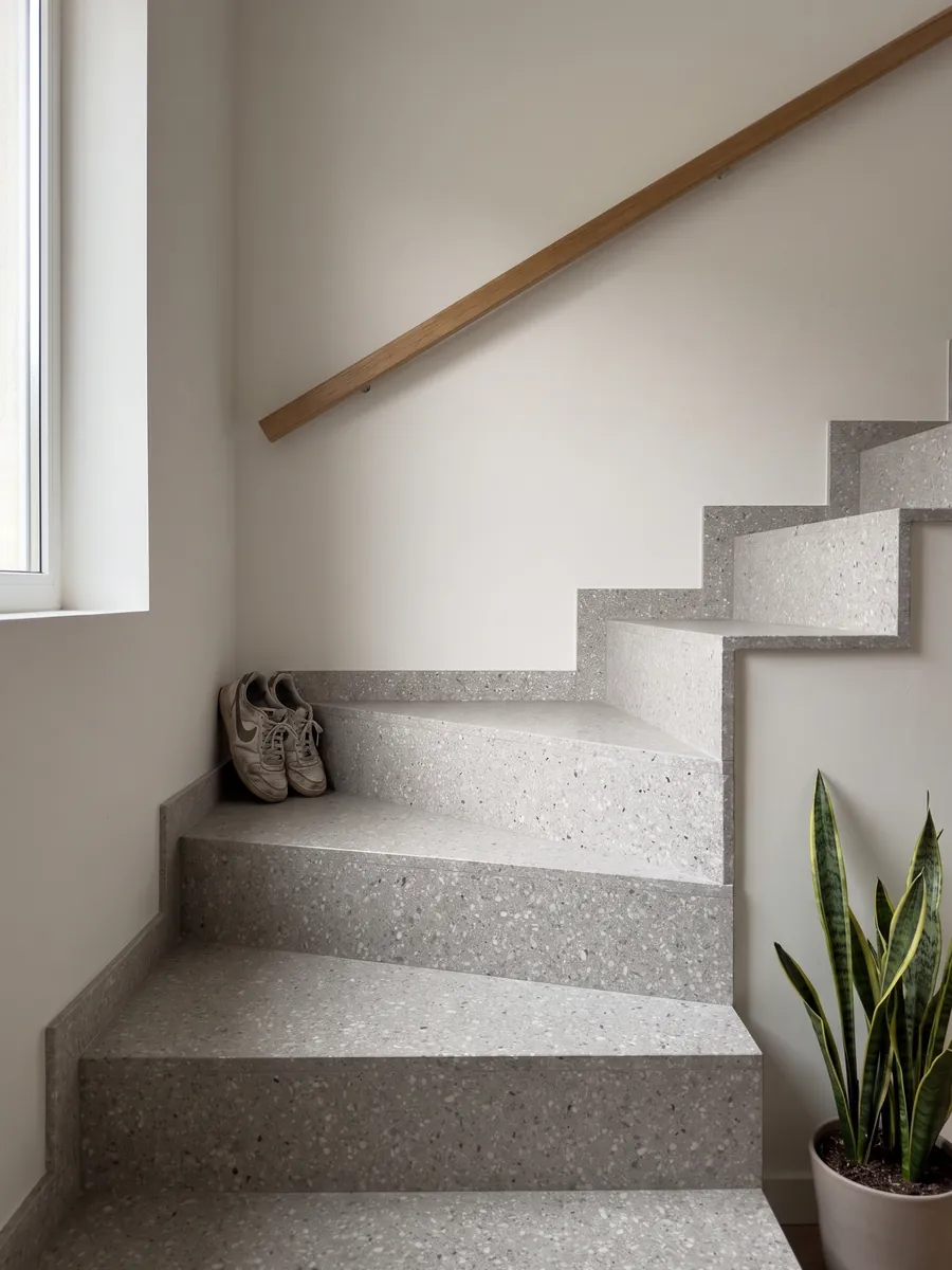 Interior staircase with Fior di Pesco Grey engineered marble with resin steps and a handrail: light gray dotted with many small white fragments, terrazzo style
