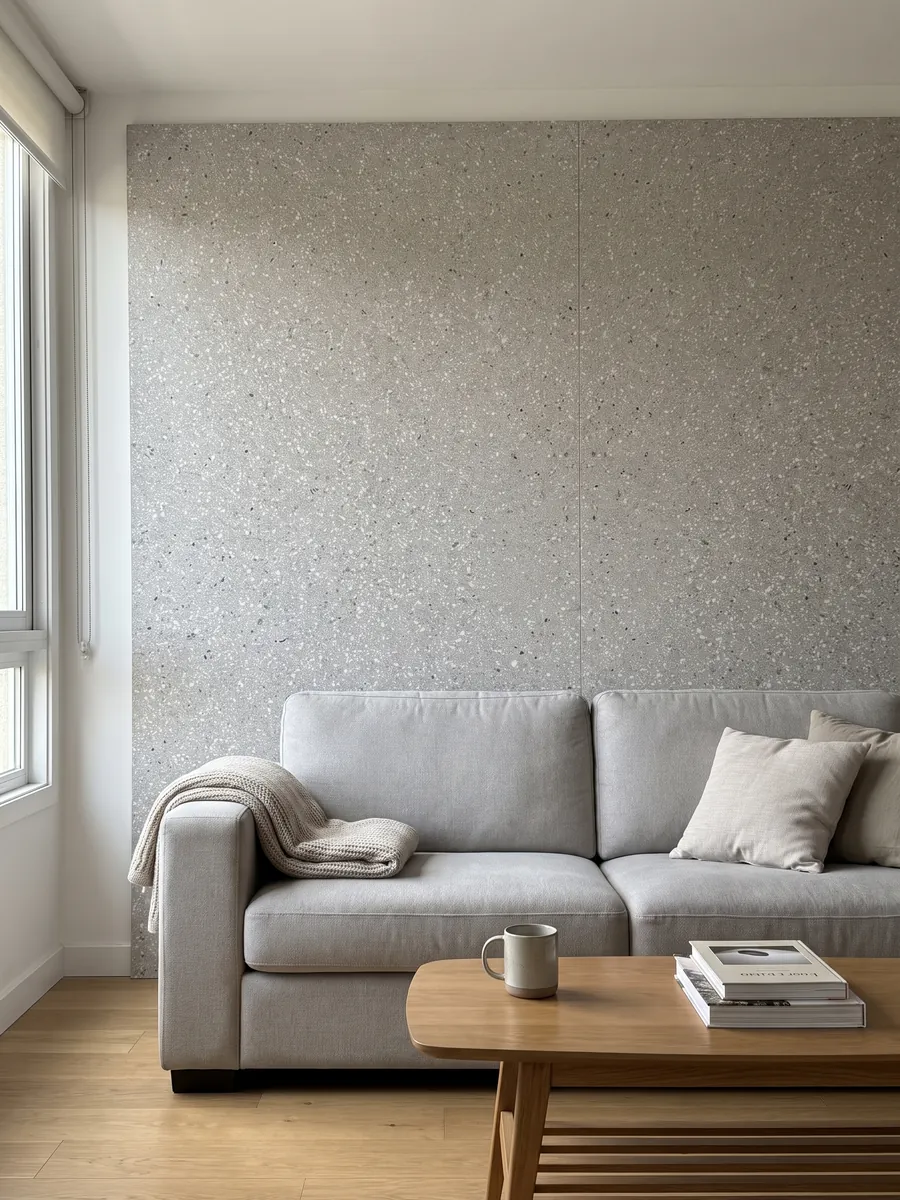 Living room wall clad with bookmatched slabs of Fior di Pesco Grey engineered marble with resin behind a sofa: light gray dotted with many small white fragments, terrazzo style
