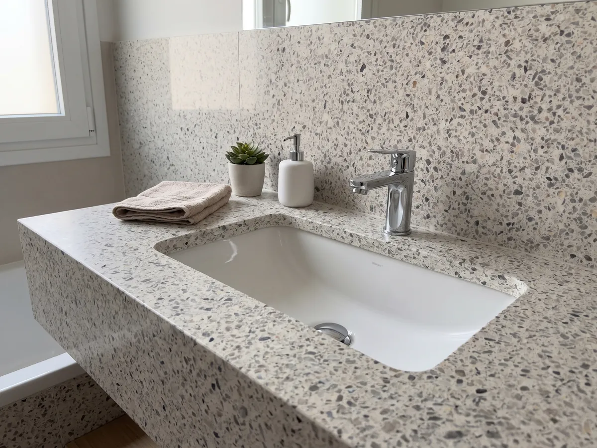 Vanity top and bathroom wall in Fior di Pesco White engineered marble with resin with a white sink and chrome fixtures: ivory background with scattered gray and dark fragments, terrazzo style
