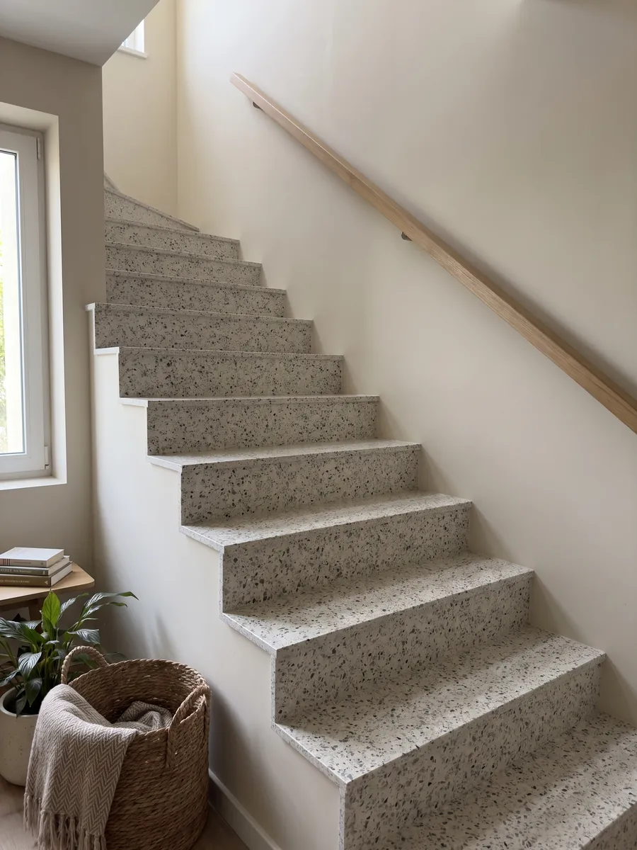 Interior staircase with Fior di Pesco White engineered marble with resin steps and a handrail: ivory background with scattered gray and dark fragments, terrazzo style