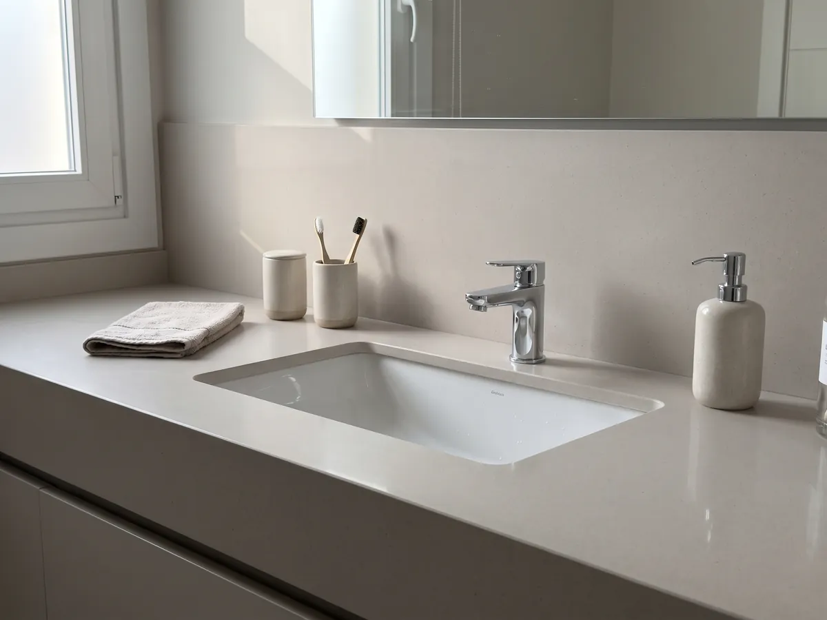 Vanity top and bathroom wall in Veselje engineered marble with resin with a white sink and chrome fixtures: a flat warm pearl gray color; the image shows no texture, only a gradient of light