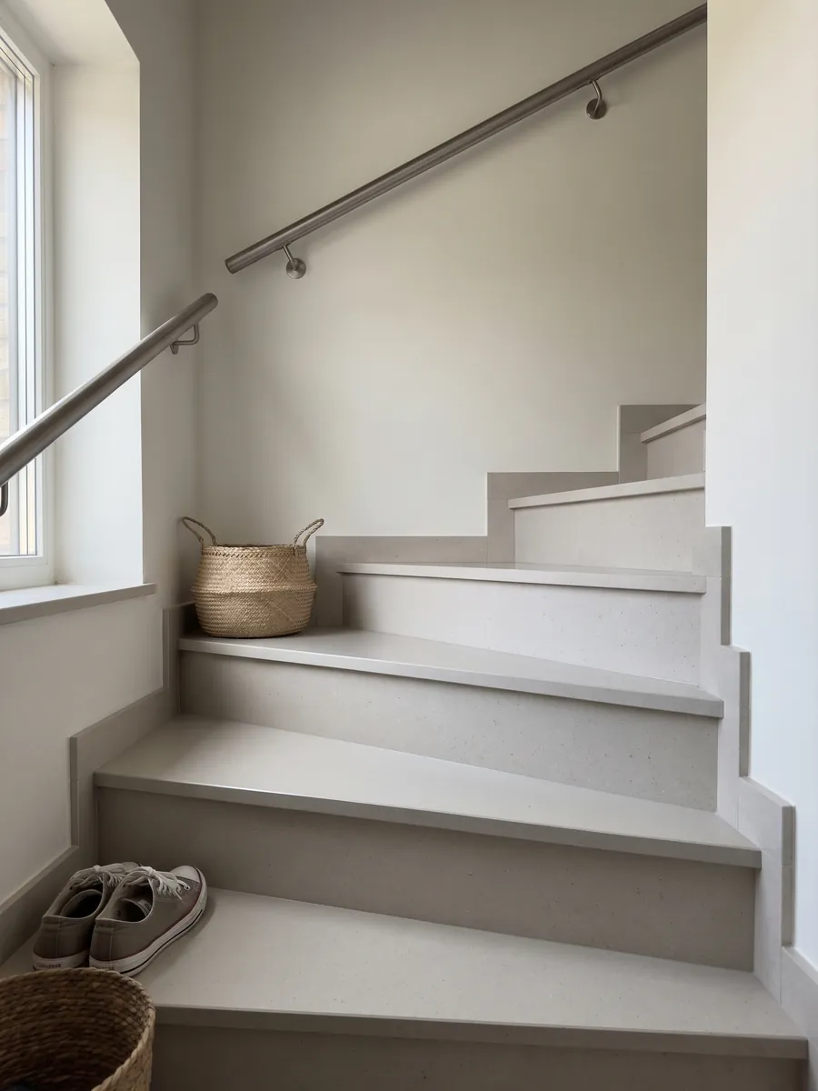 Interior staircase with Veselje engineered marble with resin steps and a handrail: a flat warm pearl gray color; the image shows no texture, only a gradient of light