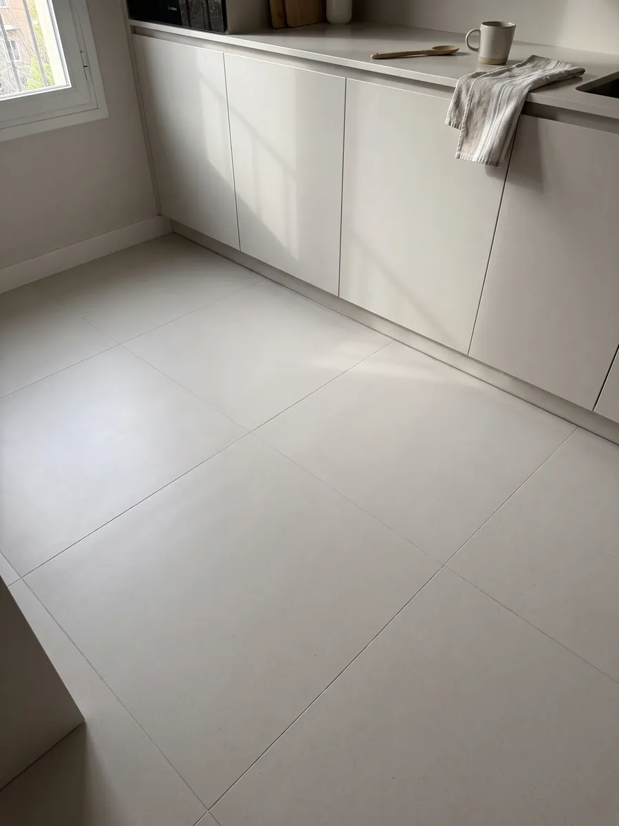 Kitchen floor in large slabs of Veselje engineered marble with resin: a flat warm pearl gray color; the image shows no texture, only a gradient of light