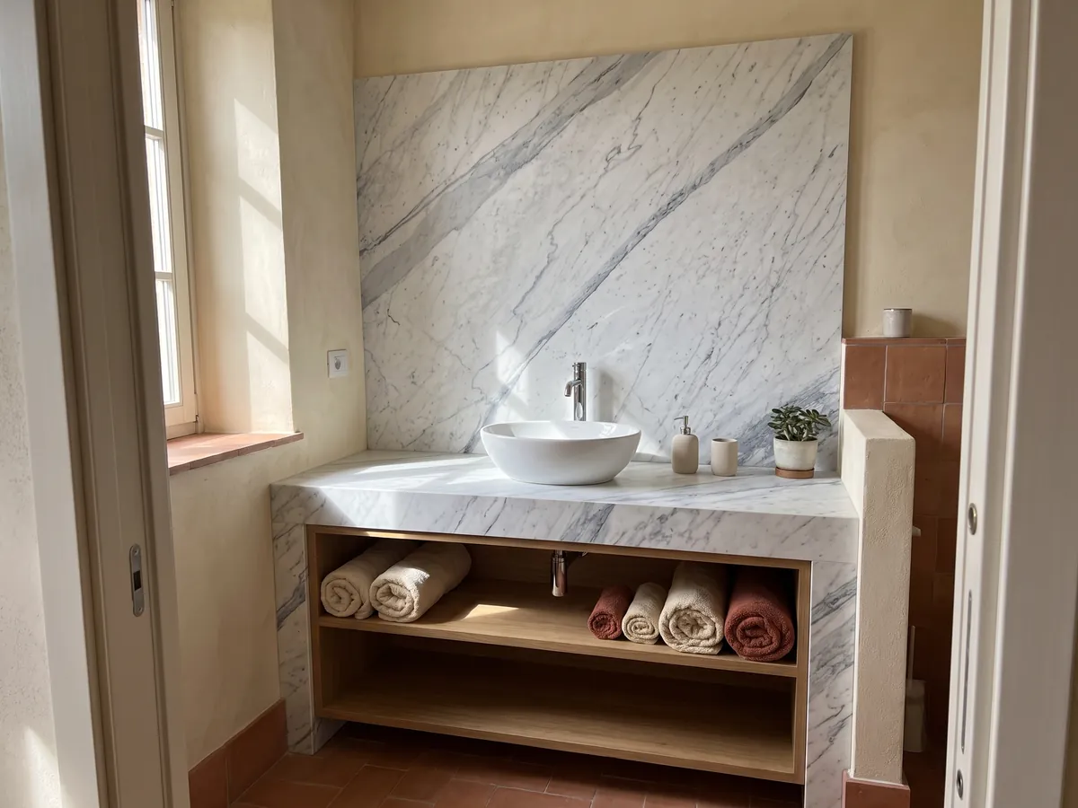 Vanity top and bathroom wall in Statuarietto marble with a white sink and chrome faucets: white with bluish gray veins running diagonally
