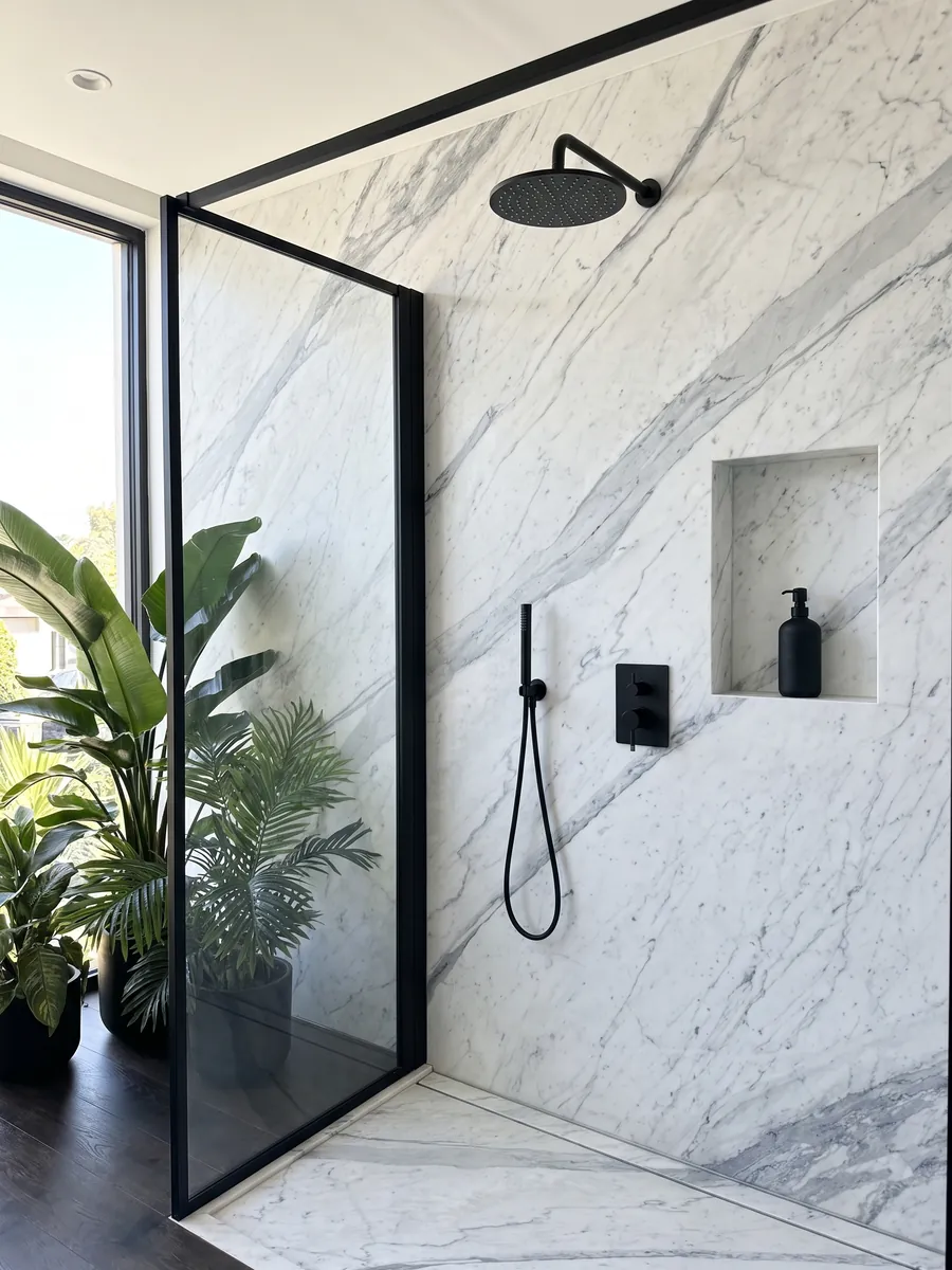Shower clad in full slabs of Statuarietto marble with a recessed niche: white with bluish gray veins running diagonally