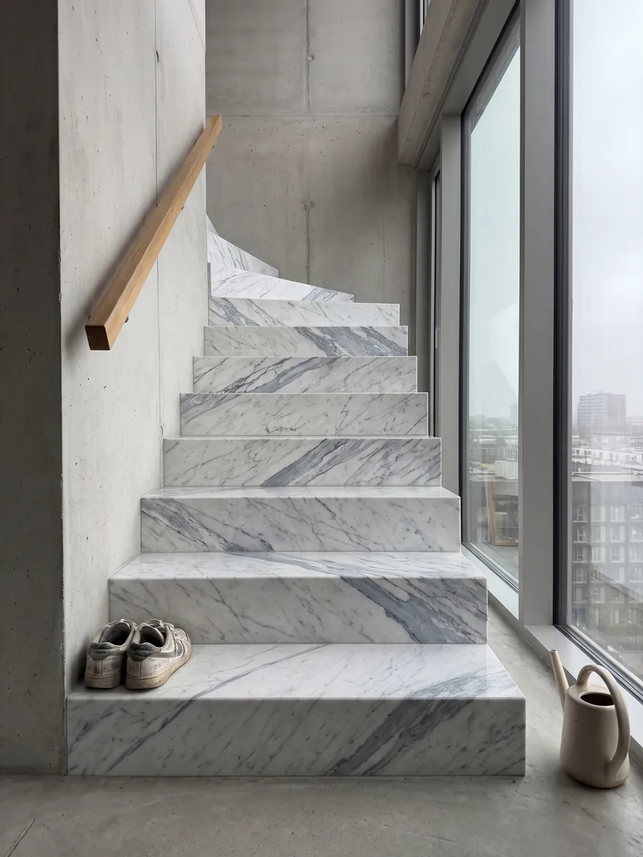 Interior staircase with Statuarietto marble steps and a handrail: white with bluish gray veins running diagonally