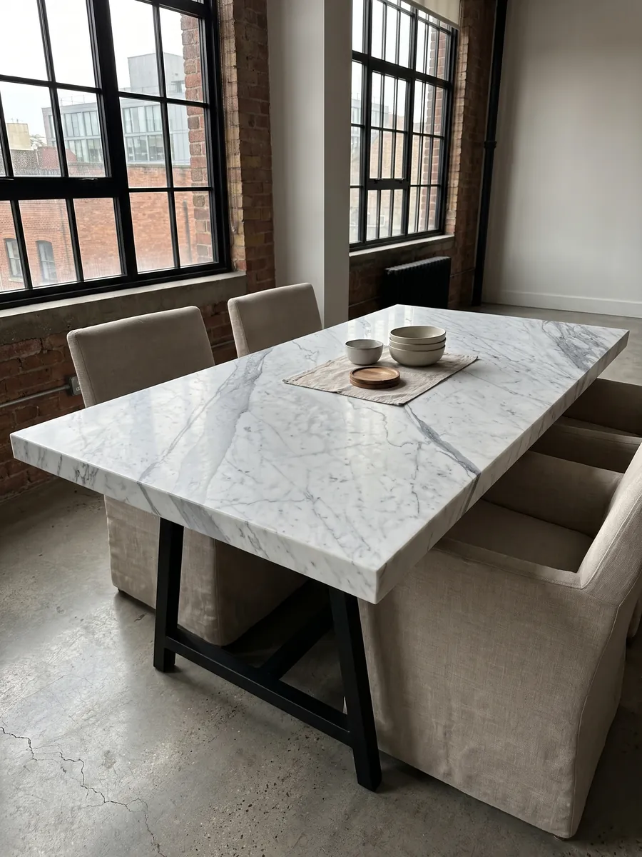 Dining table with a Statuarietto marble top on a steel base: white with bluish gray veins running diagonally