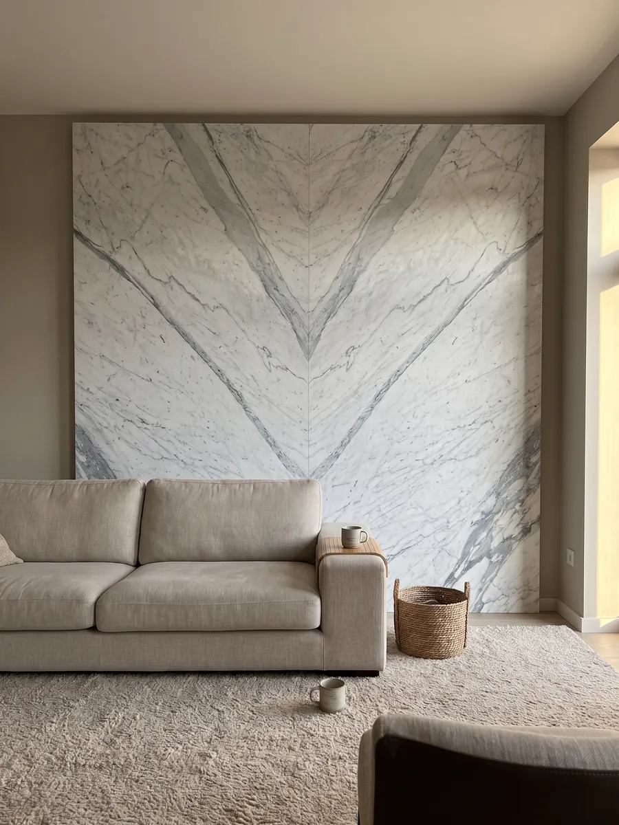 Living room wall clad in bookmatched Statuarietto marble slabs behind a sofa: white with bluish gray veins running diagonally