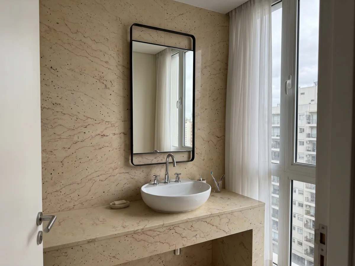 Vanity top and bathroom wall in Trani Filetto Rosso marble with a white sink and chrome fixtures: cream background with fine sinuous reddish filaments and small isolated dark spots