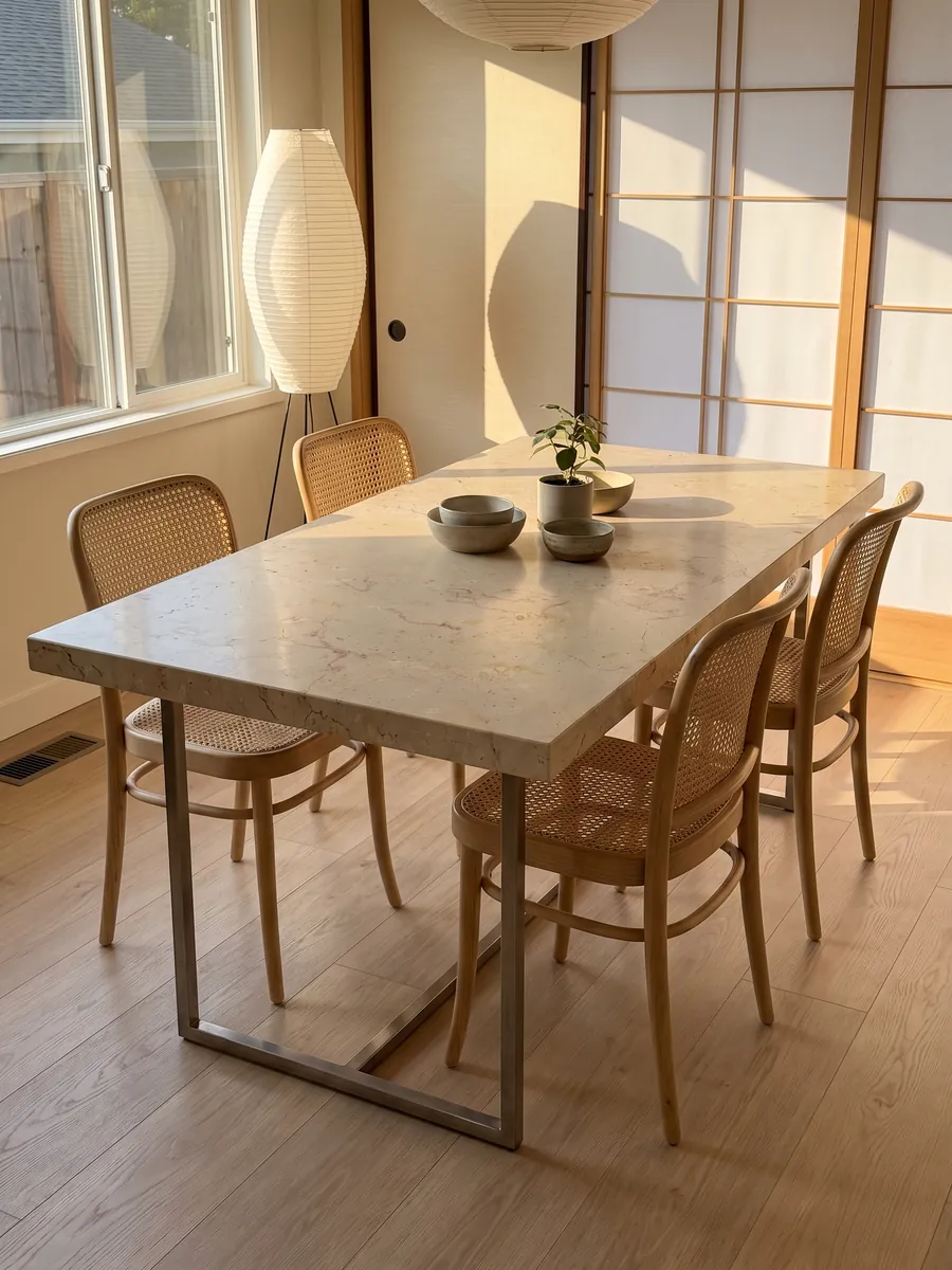 Dining table with a Trani Filetto Rosso marble top on a steel base: cream background with fine sinuous reddish filaments and small isolated dark spots
