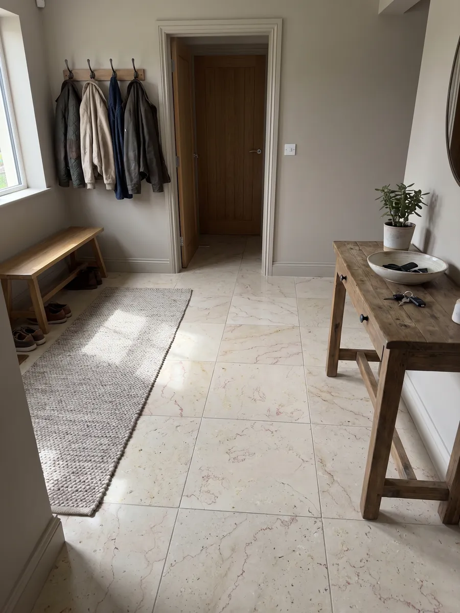 Entryway floor in large slabs of Trani Filetto Rosso marble with natural light: cream background with fine sinuous reddish filaments and small isolated dark spots