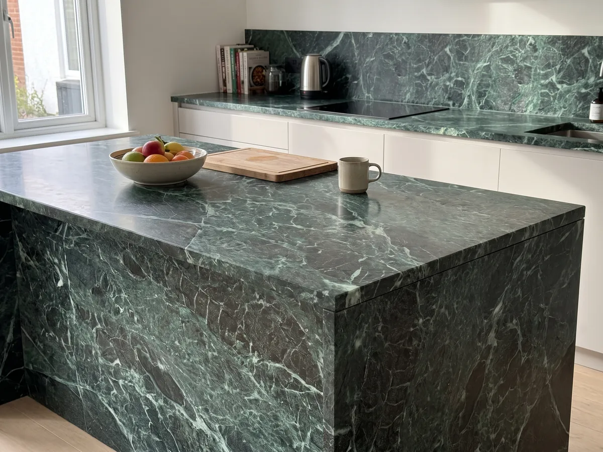 Kitchen island with a Verde Alpi marble countertop and a straight edge in a kitchen with natural light: an almost black green crossed by a dense network of light green and white veins