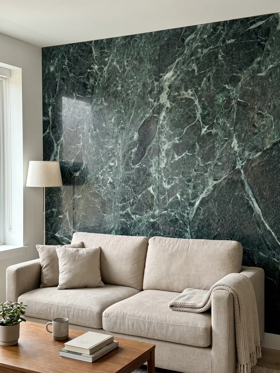 Parede de sala revestida com chapas de Mármore Verde Alpi em bookmatch atrás de um sofá: verde quase preto atravessado por uma rede densa de veios verde-claro e brancos