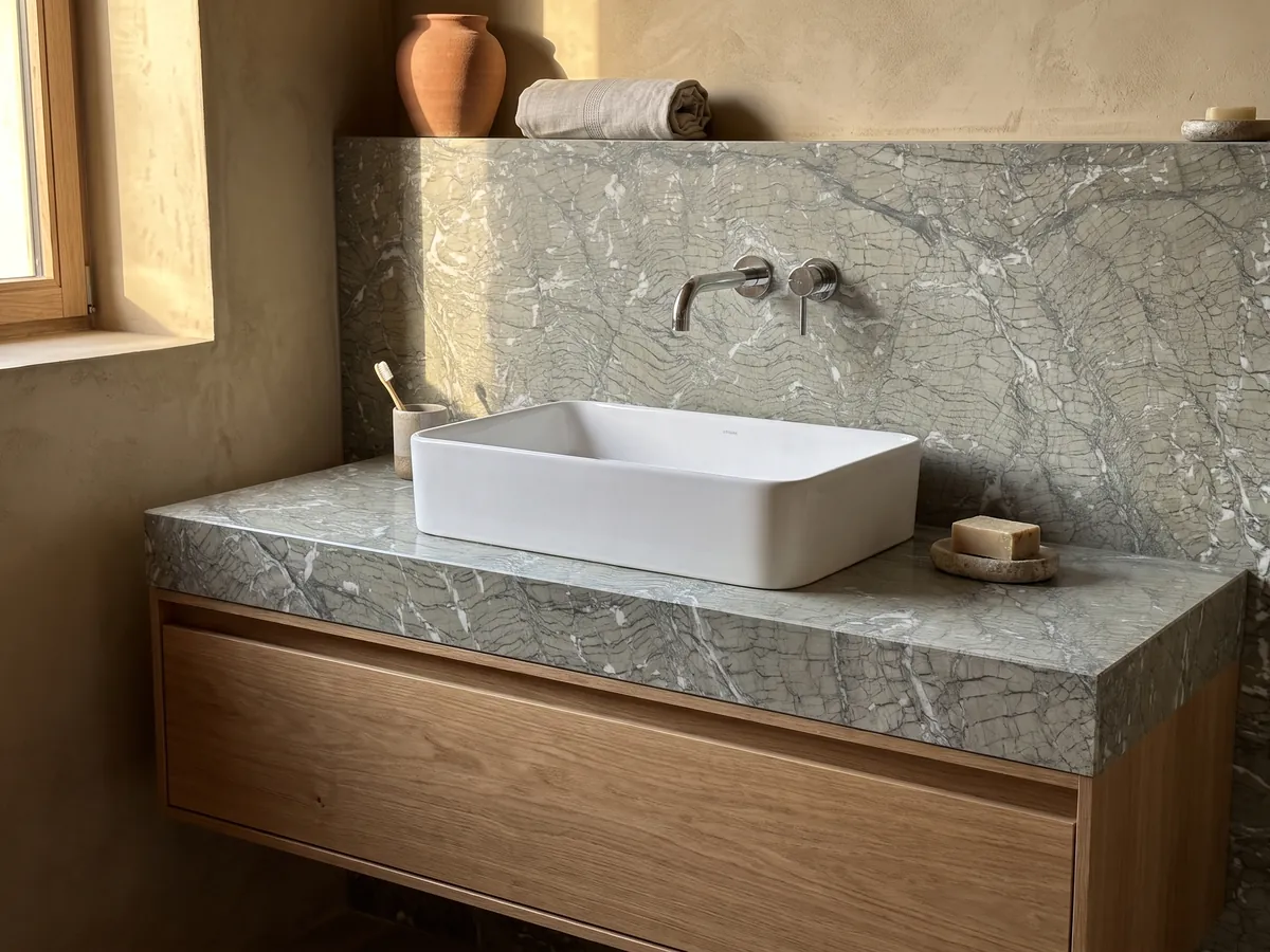 Bathroom vanity top and wall in Verde Antigua marble with a white sink and chrome faucets: grayish green with fine wavy lines and small white fragments spread across it