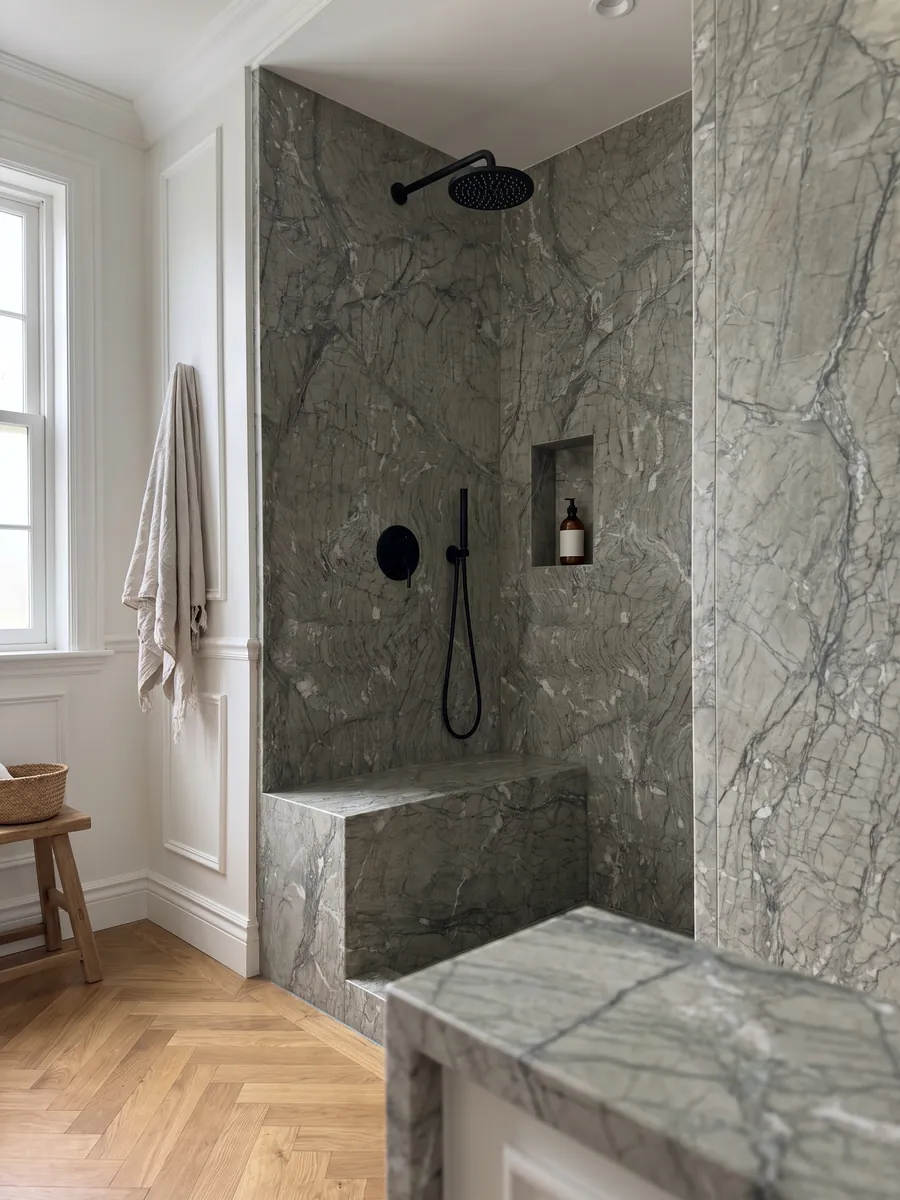 Shower clad in full slabs of Verde Antigua marble with a recessed niche: grayish green with fine wavy lines and small white fragments spread across it